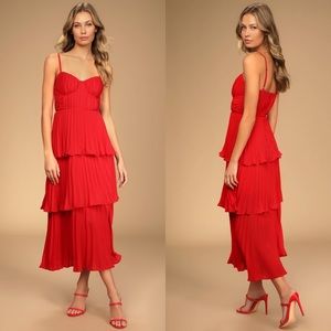 NWOT Cascading Crush Red Tiered Bustier Midi Dress Size XS